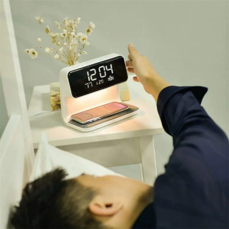 Creative 3 In 1 Bedside Lamp Wireless Charging LCD Screen Alarm Clock Wireless Phone Charger Advibe Studio